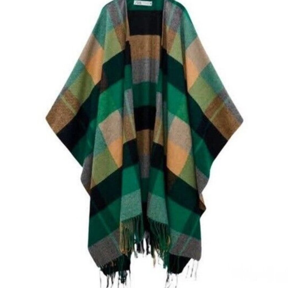 Zara Wool blend Plaid Cape Poncho Blanket Scarf